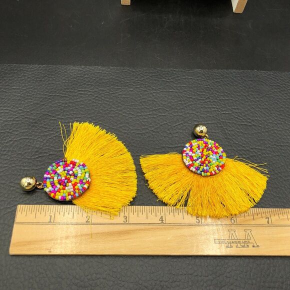 Fringe Fan Earrings Multicolor Beaded Yellow Tassel Boho Festival Dangle Drops - Picture 7 of 7